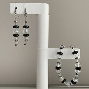 Crystal Bracelet and Pierced Earring set Black and Clear Beads